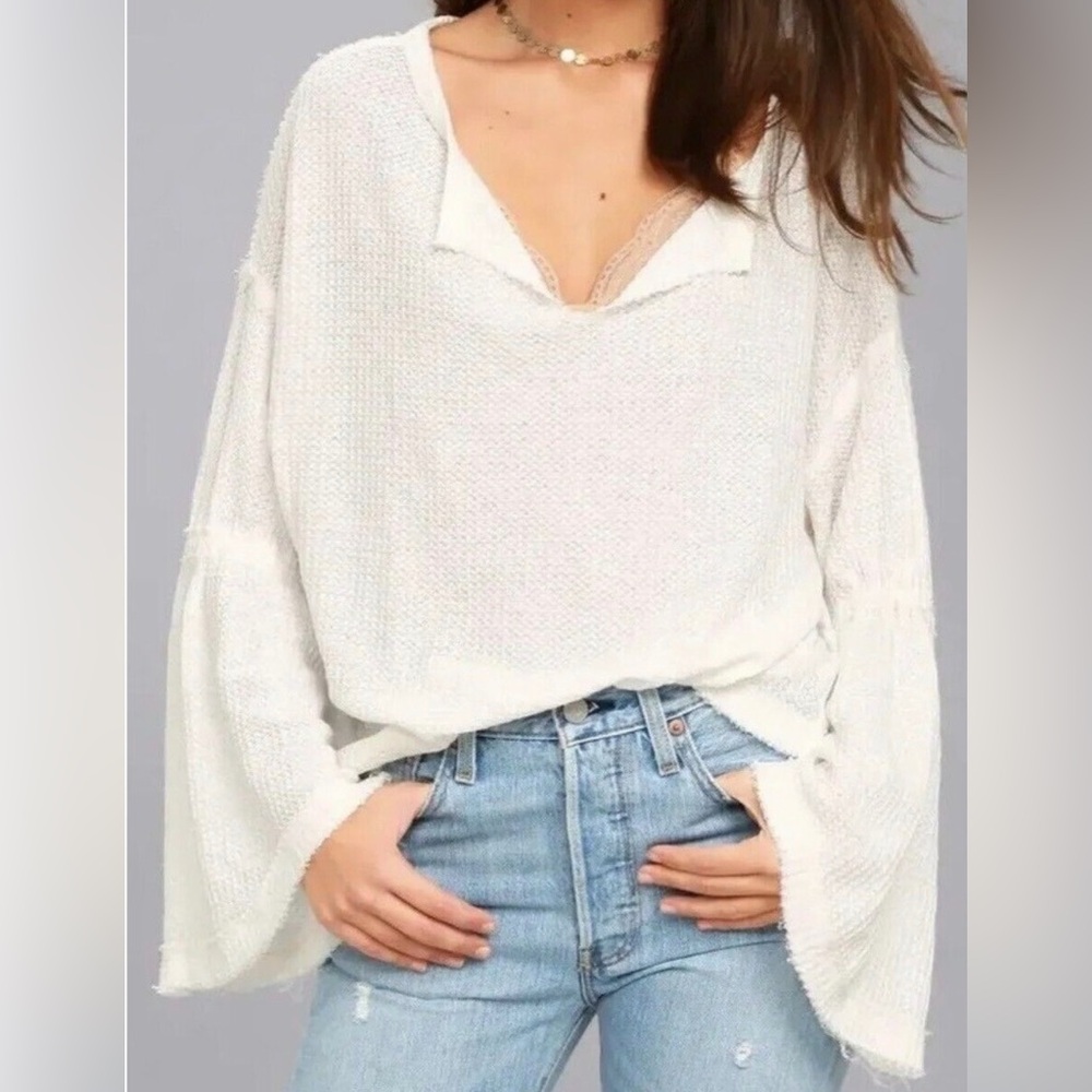 WE THE FREE Dahlia Bell Sleeve White Thermal Long Sleeve Top - S